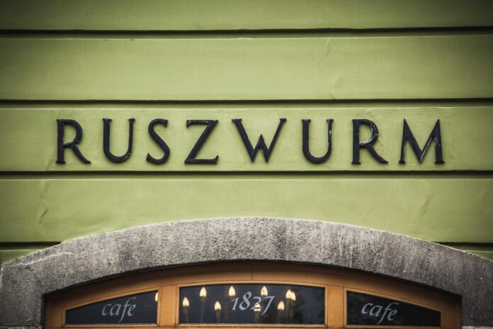 A Ruszwurm cukrászda felirata a Szentháromság utcában